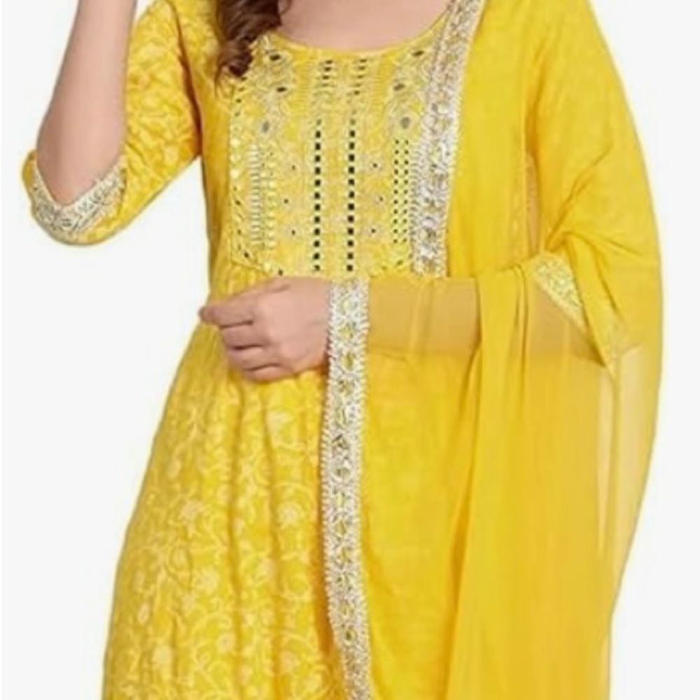 Women's Yellow Kurta With Plazzo & Dupatta Set